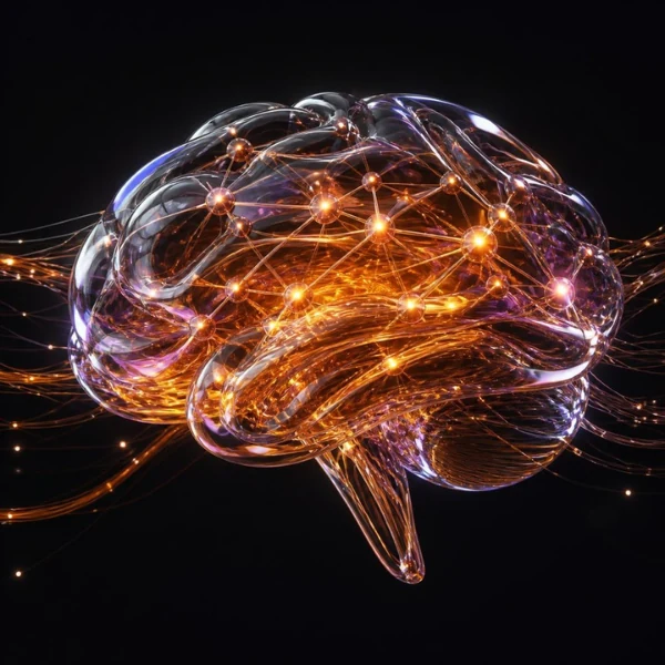 Glowing iridescent glass neural network brain representing AlphaTech enterprise AI solutions